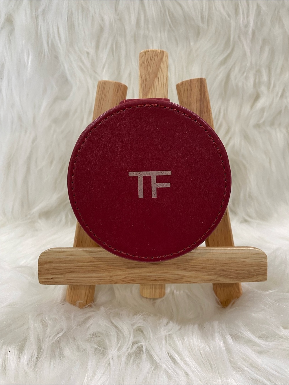 Tom Ford Burgundy Leather Compact Jewelry Case with TF Logo 2x3.5”
